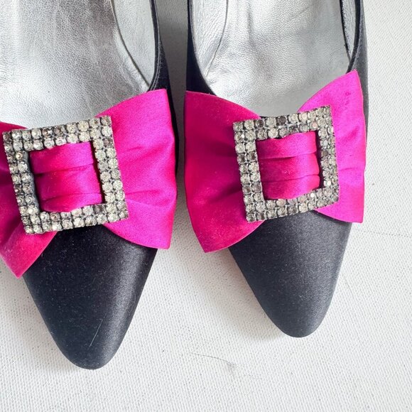 Casadei Luxe Vintage Satin Rhinestone Bow Black Pink Kitten Heels - Picture 5 of 12